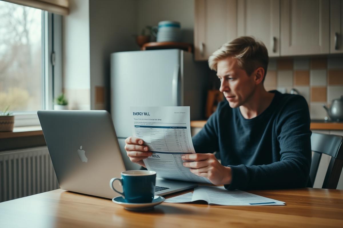 A homeowner reviewing an energy bill at a kitchen table