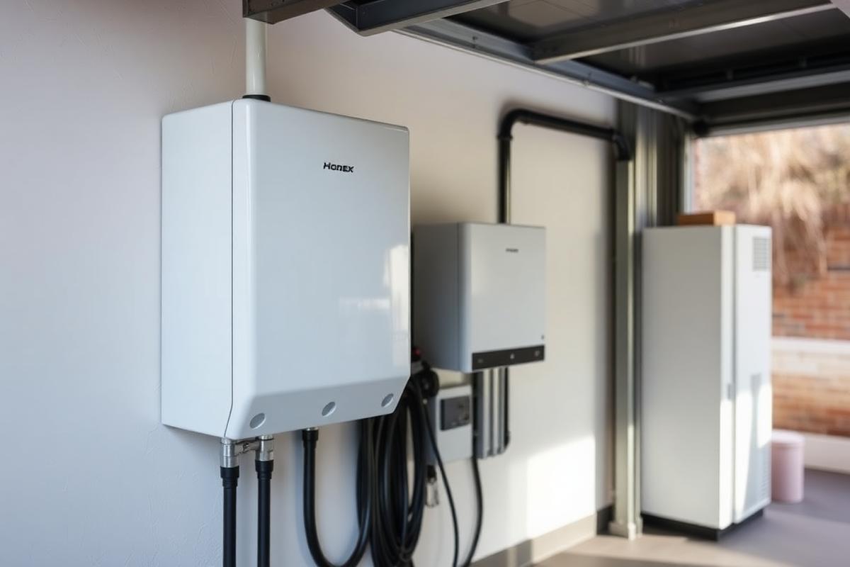 A home battery storage unit mounted in a garage