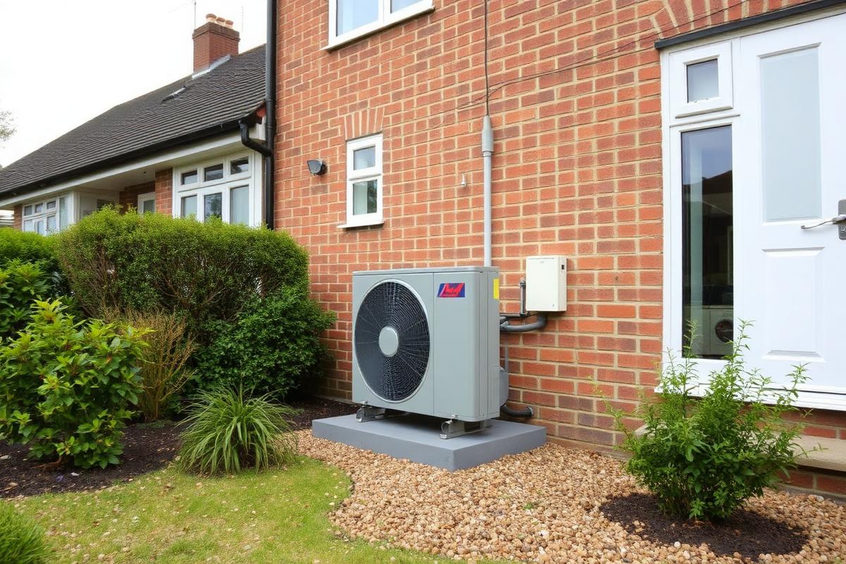 An air source heat pump installed beside a UK brick house