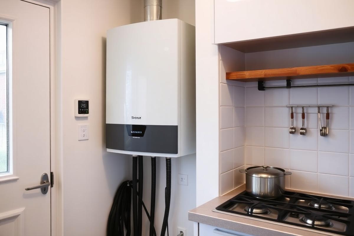 A modern gas boiler and smart thermostat in a UK kitchen