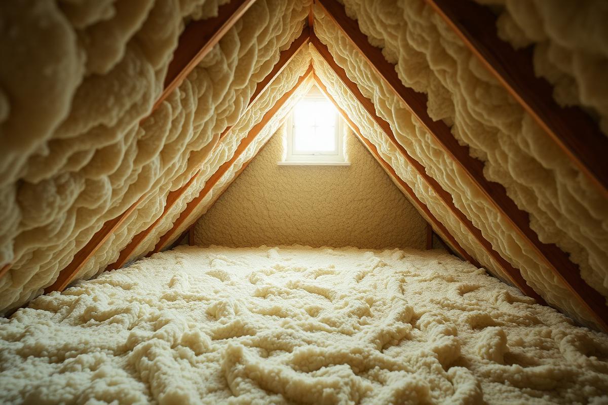 Loft insulation laid between timber joists in a UK home