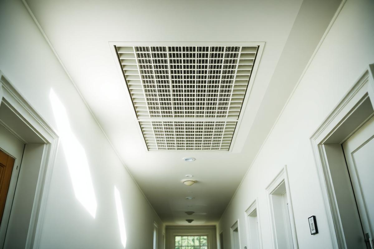 A ceiling ventilation grille in a bright UK hallway