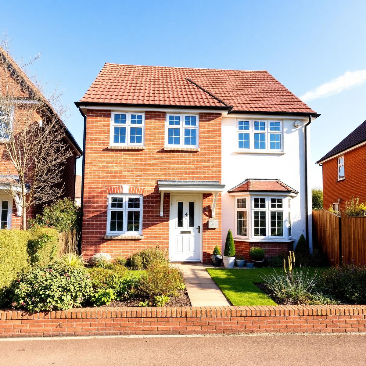 A modern British family home with a tidy front garden on a sunny day
