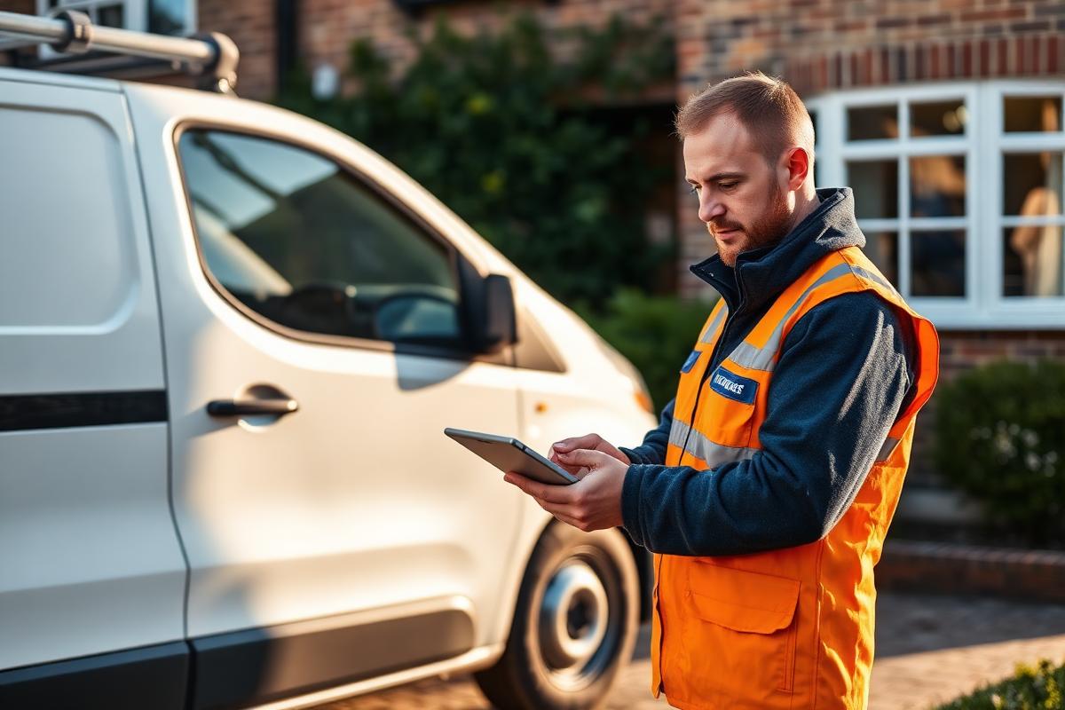 A tradesperson using a tablet beside a work van outside a UK home