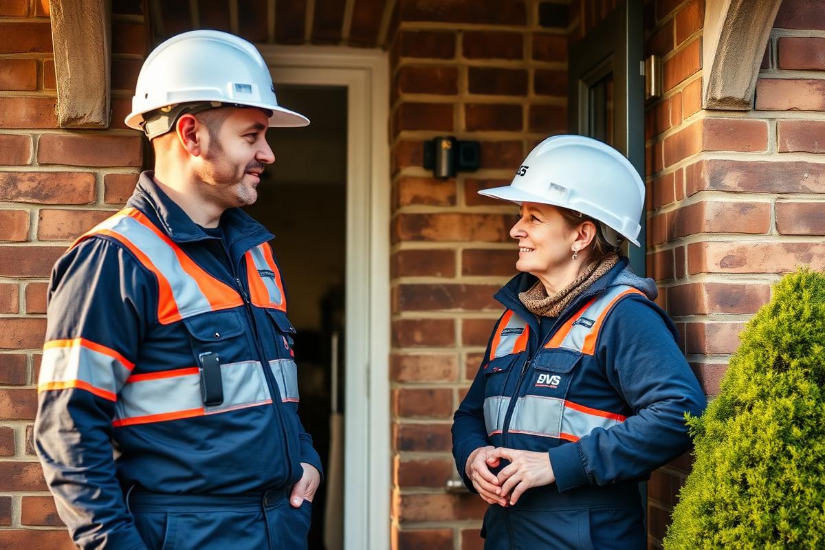 Two installers talking with a homeowner on the doorstep